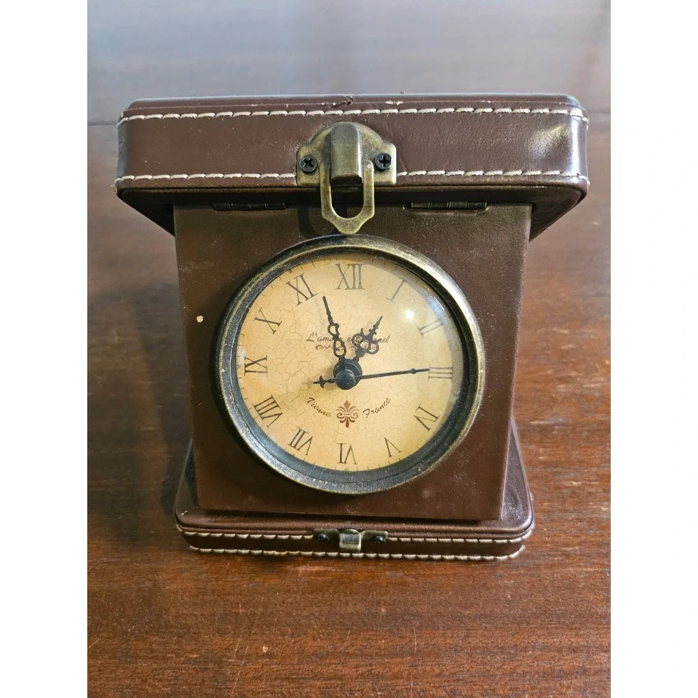 L'amour Travel Alarm Clock Brown Faux Leather Folding Case Vintage Style